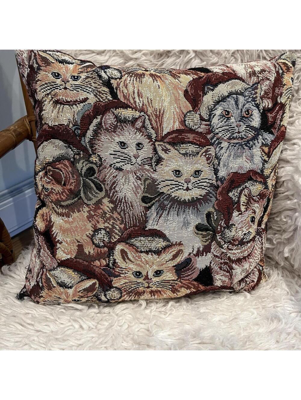 Tapestry Throw Pillow 16” Kitty Cat Feline Cottagecore Vintage USA Christmas